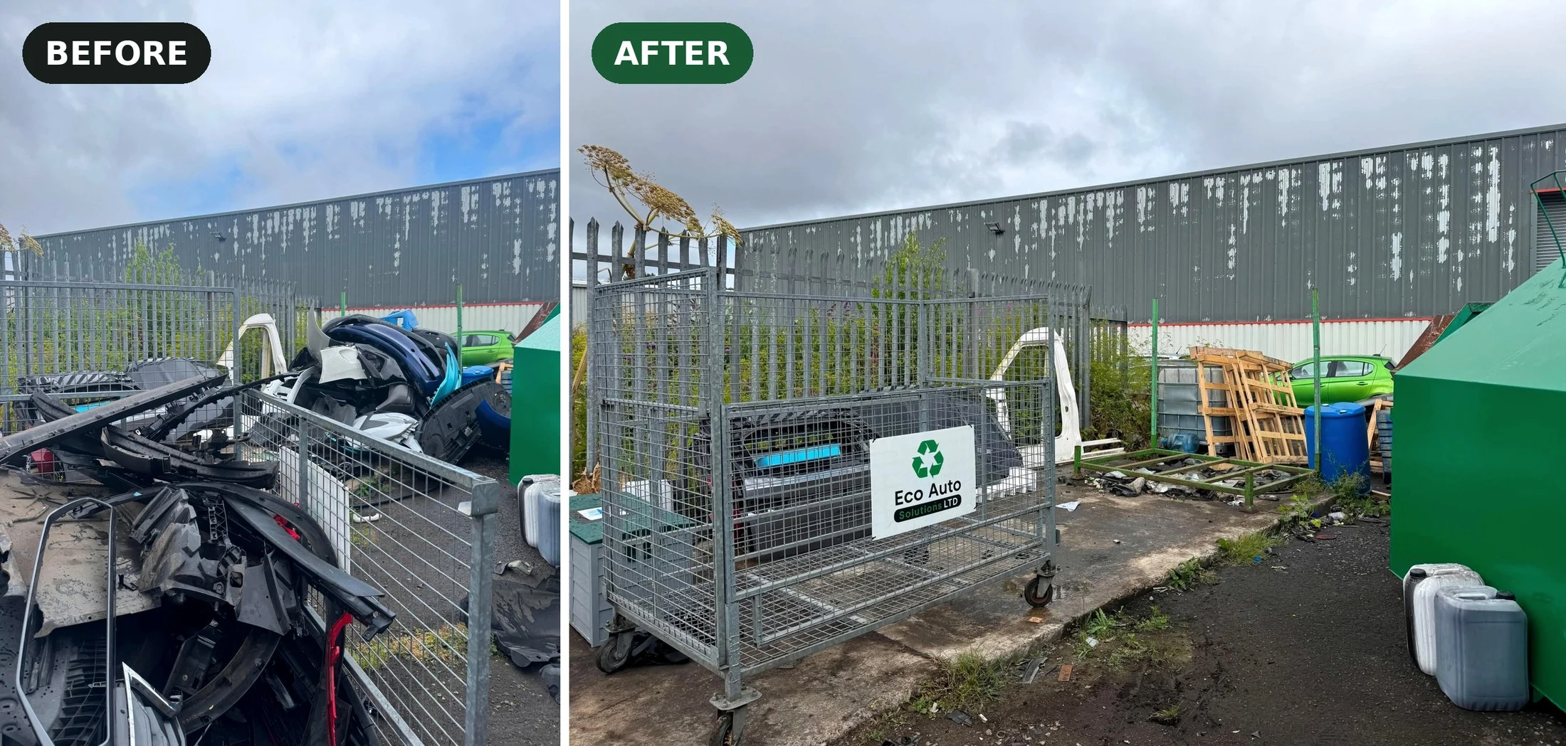 Before and after automotive waste collection showing a cleared yard and Eco Auto Solutions storage cage