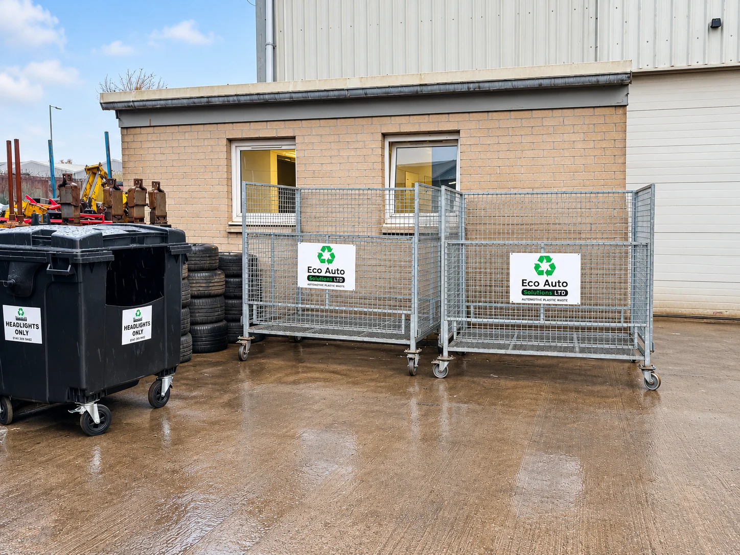 Branded Eco Auto Solutions bins and cages for workshop waste storage
