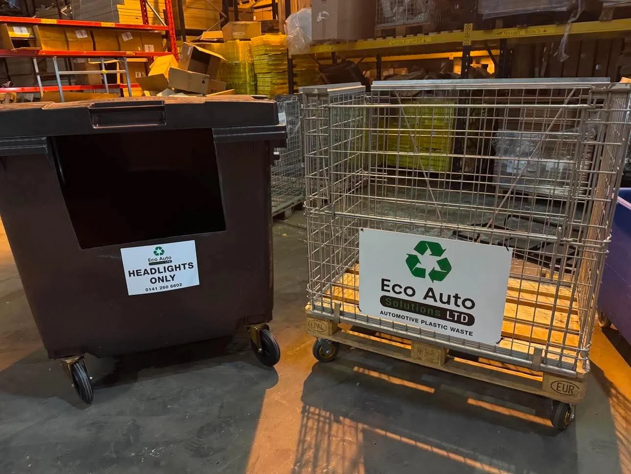 Eco Auto Solutions bins, cages and bumper racking for automotive plastic waste
