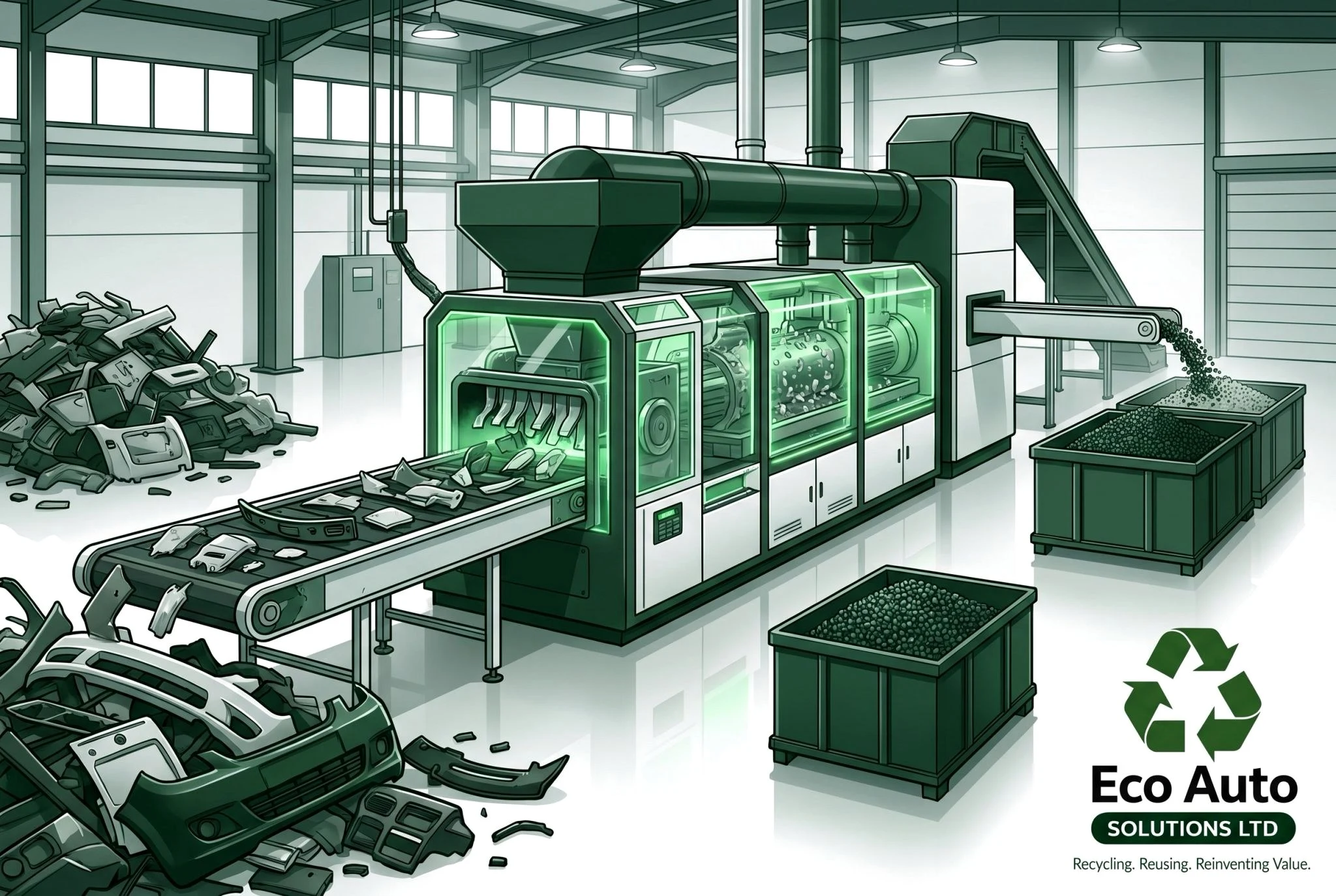 Illustration of automotive plastics being granulated into regrind at an Eco Auto Solutions recycling facility