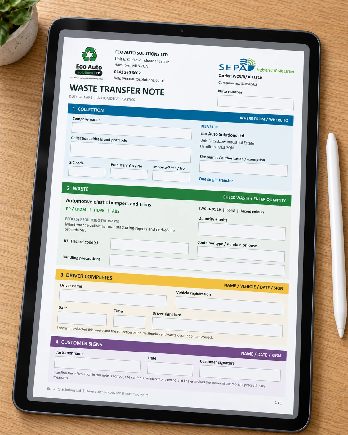 Eco Auto Solutions electronic waste transfer note displayed on an iPad